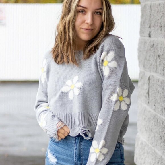 Cropped Daisy Floral Print V Neck Long Sleeve Personality Sweater Ribbed Trim - Picture 4 of 15